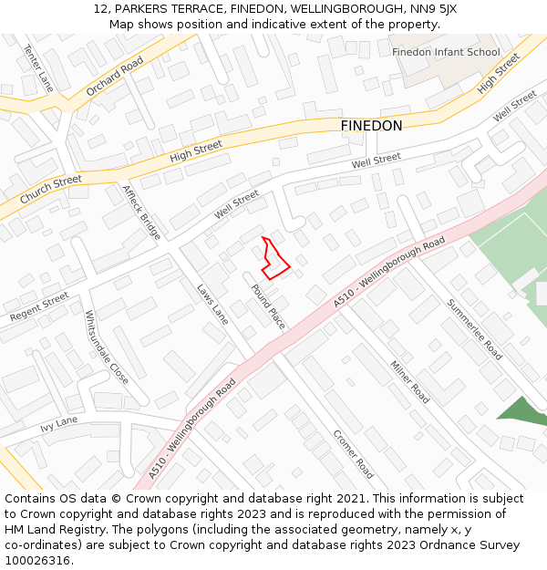 12, PARKERS TERRACE, FINEDON, WELLINGBOROUGH, NN9 5JX: Location map and indicative extent of plot