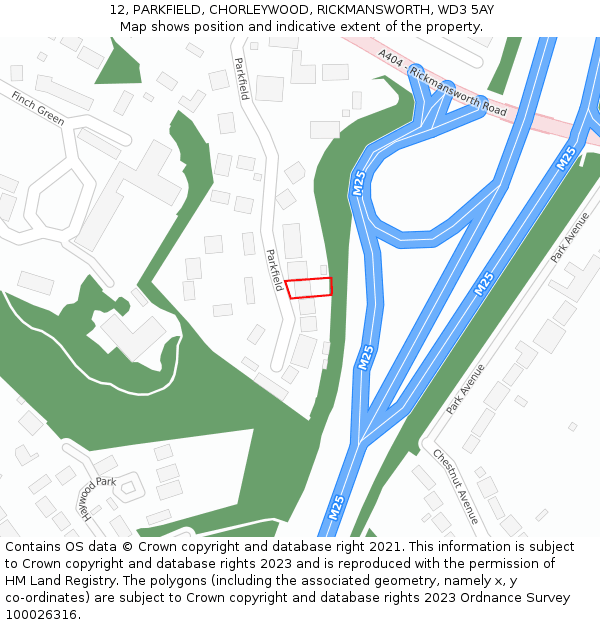 12, PARKFIELD, CHORLEYWOOD, RICKMANSWORTH, WD3 5AY: Location map and indicative extent of plot