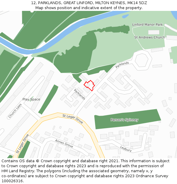 12, PARKLANDS, GREAT LINFORD, MILTON KEYNES, MK14 5DZ: Location map and indicative extent of plot