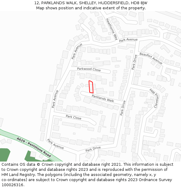 12, PARKLANDS WALK, SHELLEY, HUDDERSFIELD, HD8 8JW: Location map and indicative extent of plot