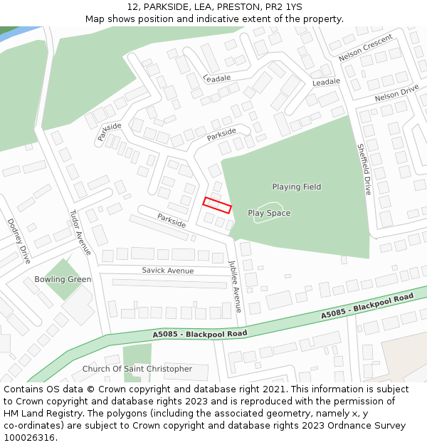 12, PARKSIDE, LEA, PRESTON, PR2 1YS: Location map and indicative extent of plot