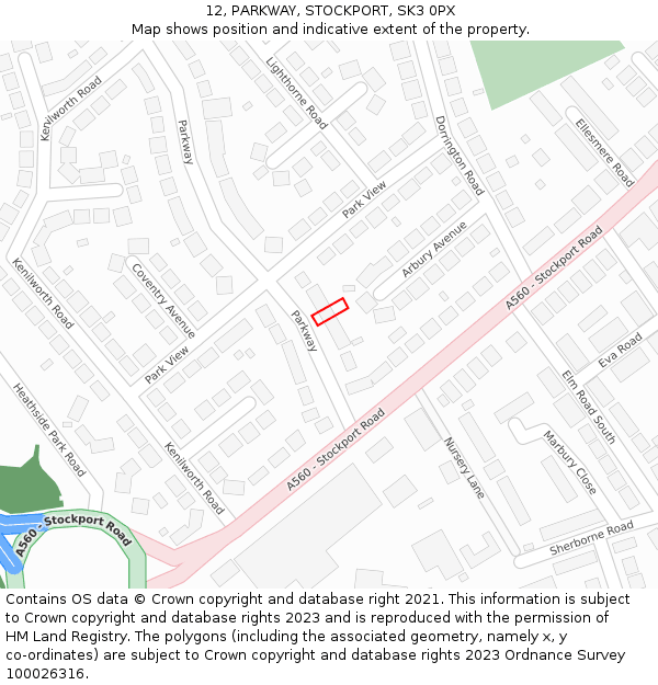 12, PARKWAY, STOCKPORT, SK3 0PX: Location map and indicative extent of plot