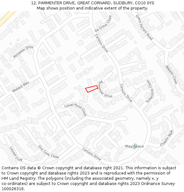 12, PARMENTER DRIVE, GREAT CORNARD, SUDBURY, CO10 0YS: Location map and indicative extent of plot