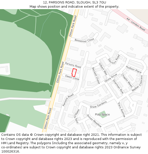 12, PARSONS ROAD, SLOUGH, SL3 7GU: Location map and indicative extent of plot