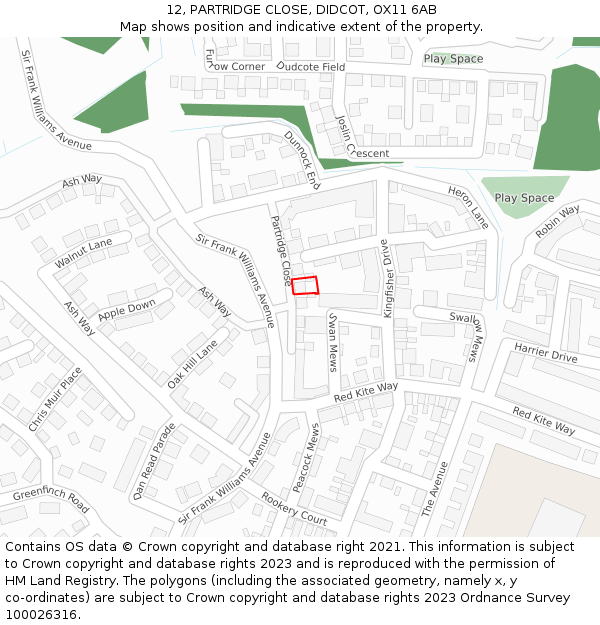12, PARTRIDGE CLOSE, DIDCOT, OX11 6AB: Location map and indicative extent of plot