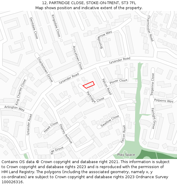 12, PARTRIDGE CLOSE, STOKE-ON-TRENT, ST3 7FL: Location map and indicative extent of plot