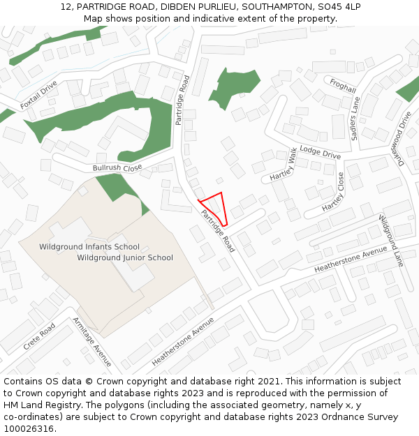 12, PARTRIDGE ROAD, DIBDEN PURLIEU, SOUTHAMPTON, SO45 4LP: Location map and indicative extent of plot