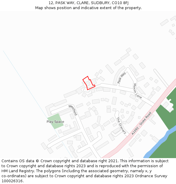 12, PASK WAY, CLARE, SUDBURY, CO10 8FJ: Location map and indicative extent of plot