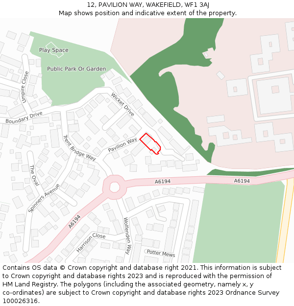 12, PAVILION WAY, WAKEFIELD, WF1 3AJ: Location map and indicative extent of plot