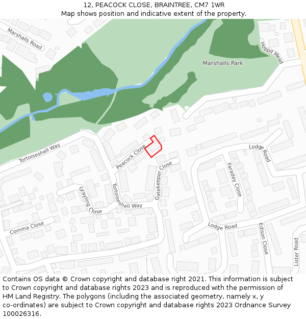 12, PEACOCK CLOSE, BRAINTREE, CM7 1WR: Location map and indicative extent of plot