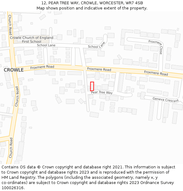 12, PEAR TREE WAY, CROWLE, WORCESTER, WR7 4SB: Location map and indicative extent of plot