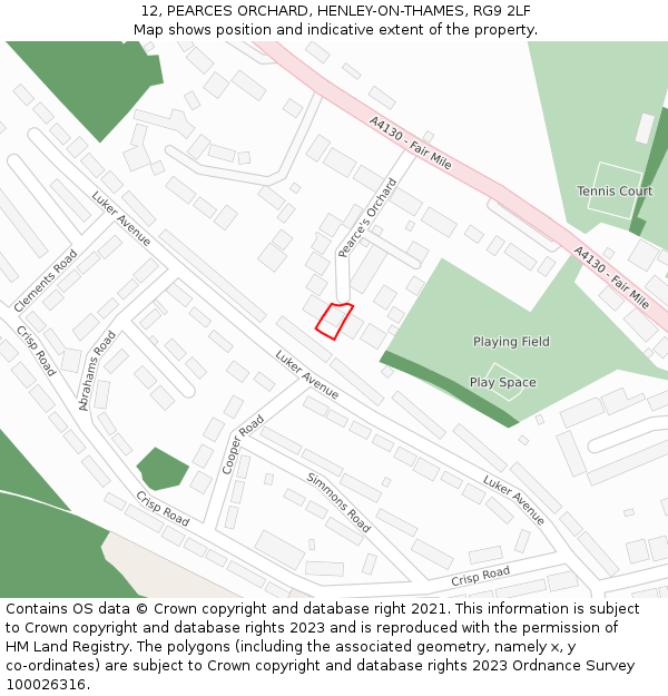 12, PEARCES ORCHARD, HENLEY-ON-THAMES, RG9 2LF: Location map and indicative extent of plot