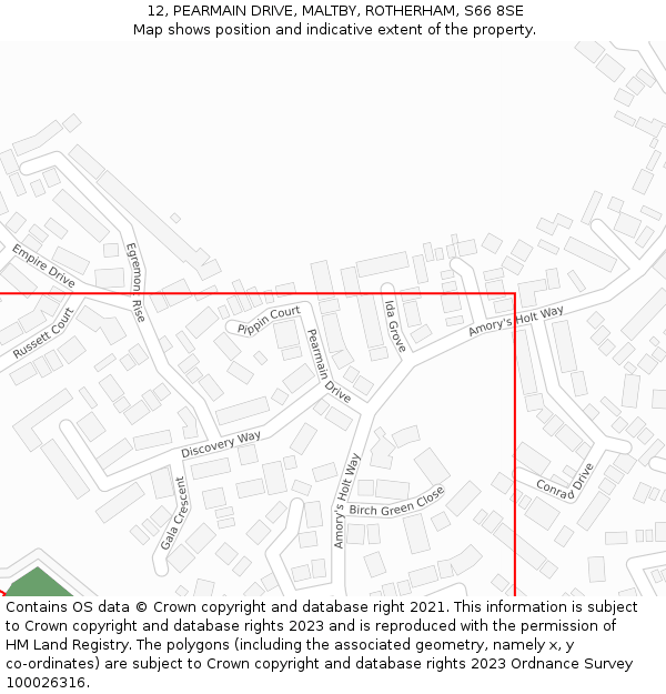 12, PEARMAIN DRIVE, MALTBY, ROTHERHAM, S66 8SE: Location map and indicative extent of plot