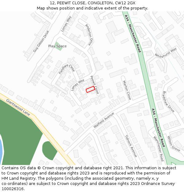 12, PEEWIT CLOSE, CONGLETON, CW12 2GX: Location map and indicative extent of plot
