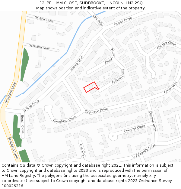 12, PELHAM CLOSE, SUDBROOKE, LINCOLN, LN2 2SQ: Location map and indicative extent of plot