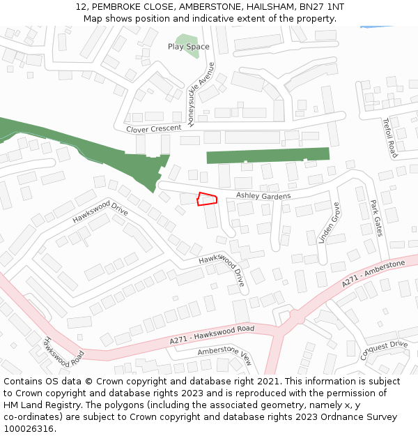 12, PEMBROKE CLOSE, AMBERSTONE, HAILSHAM, BN27 1NT: Location map and indicative extent of plot