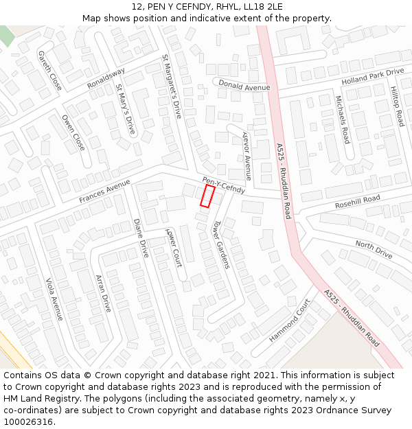 12, PEN Y CEFNDY, RHYL, LL18 2LE: Location map and indicative extent of plot