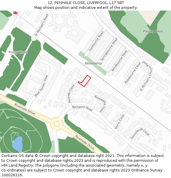 12, PENHALE CLOSE, LIVERPOOL, L17 5BT: Location map and indicative extent of plot