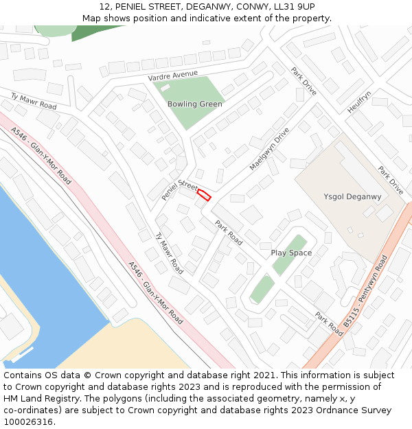 12, PENIEL STREET, DEGANWY, CONWY, LL31 9UP: Location map and indicative extent of plot