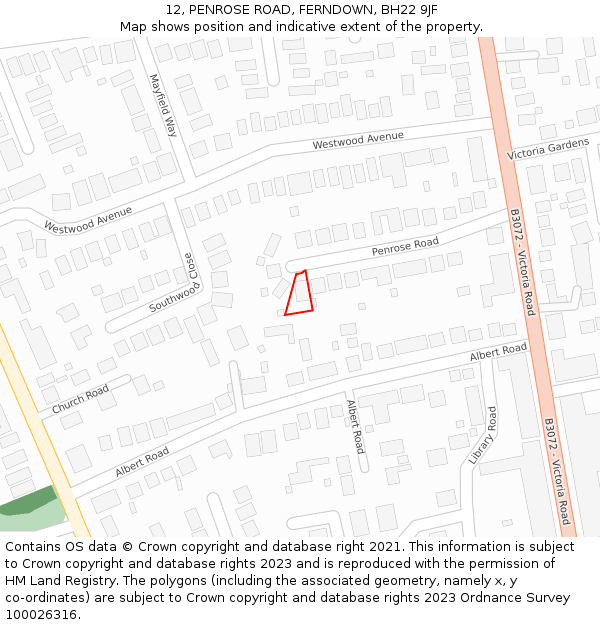 12, PENROSE ROAD, FERNDOWN, BH22 9JF: Location map and indicative extent of plot