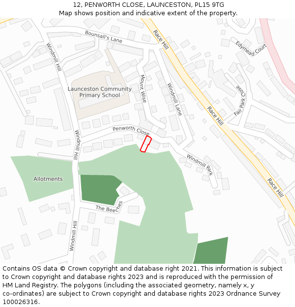 12, PENWORTH CLOSE, LAUNCESTON, PL15 9TG: Location map and indicative extent of plot