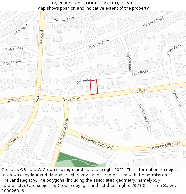 12, PERCY ROAD, BOURNEMOUTH, BH5 1JF: Location map and indicative extent of plot