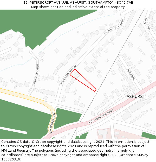 12, PETERSCROFT AVENUE, ASHURST, SOUTHAMPTON, SO40 7AB: Location map and indicative extent of plot