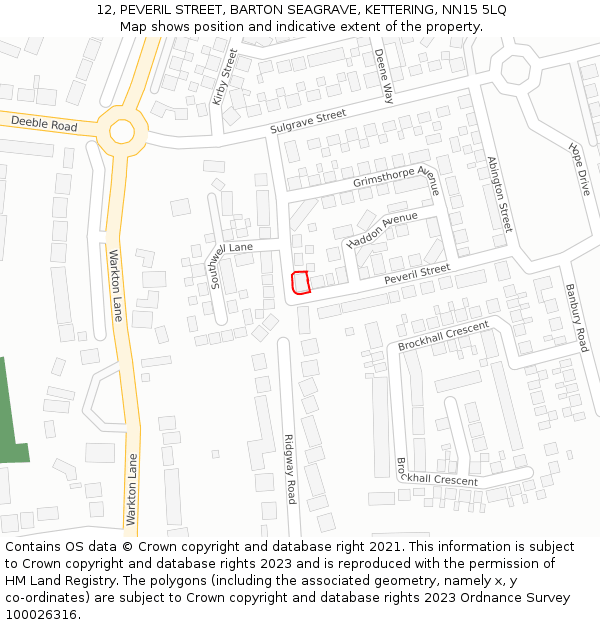 12, PEVERIL STREET, BARTON SEAGRAVE, KETTERING, NN15 5LQ: Location map and indicative extent of plot