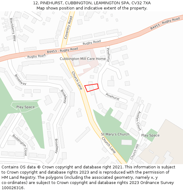 12, PINEHURST, CUBBINGTON, LEAMINGTON SPA, CV32 7XA: Location map and indicative extent of plot