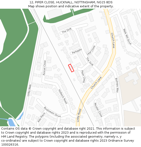 12, PIPER CLOSE, HUCKNALL, NOTTINGHAM, NG15 8DS: Location map and indicative extent of plot
