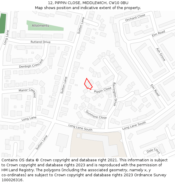 12, PIPPIN CLOSE, MIDDLEWICH, CW10 0BU: Location map and indicative extent of plot
