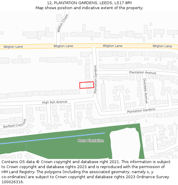 12, PLANTATION GARDENS, LEEDS, LS17 8RY: Location map and indicative extent of plot