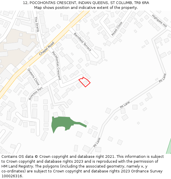 12, POCOHONTAS CRESCENT, INDIAN QUEENS, ST COLUMB, TR9 6RA: Location map and indicative extent of plot