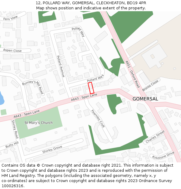 12, POLLARD WAY, GOMERSAL, CLECKHEATON, BD19 4PR: Location map and indicative extent of plot
