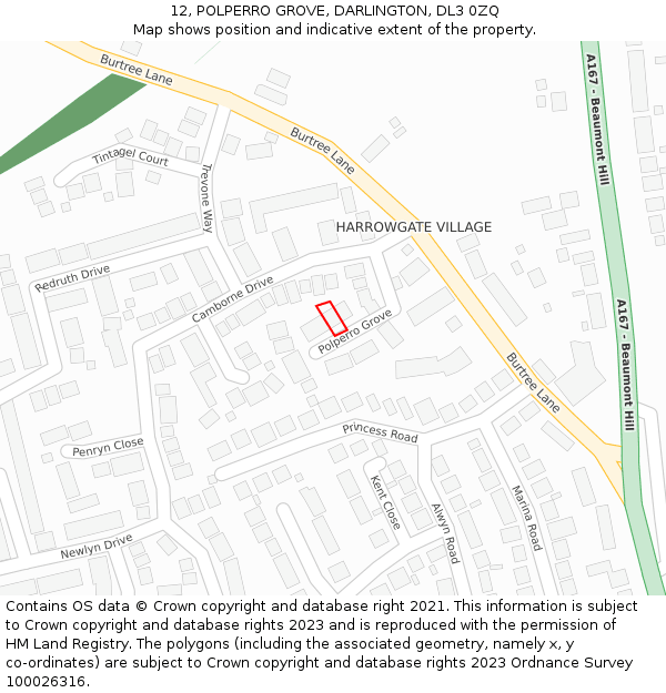12, POLPERRO GROVE, DARLINGTON, DL3 0ZQ: Location map and indicative extent of plot