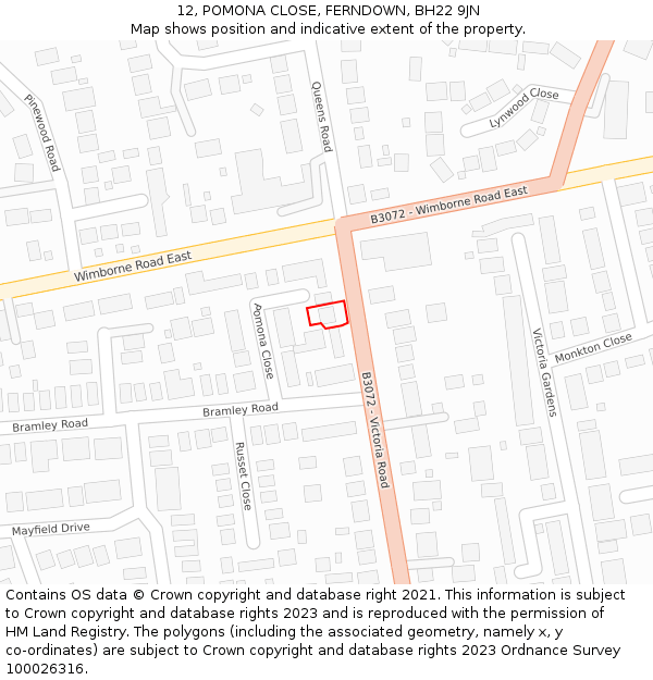 12, POMONA CLOSE, FERNDOWN, BH22 9JN: Location map and indicative extent of plot