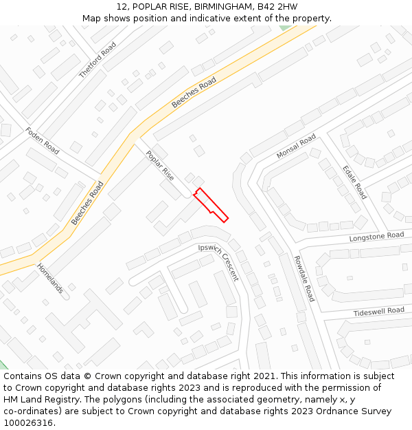 12, POPLAR RISE, BIRMINGHAM, B42 2HW: Location map and indicative extent of plot