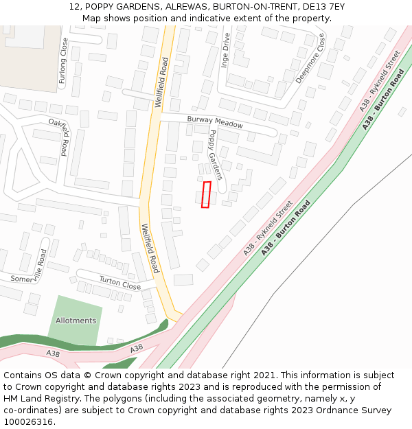 12, POPPY GARDENS, ALREWAS, BURTON-ON-TRENT, DE13 7EY: Location map and indicative extent of plot