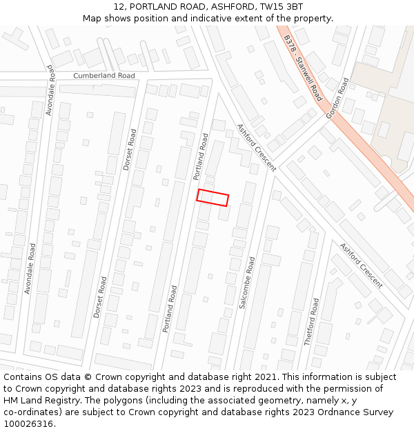 12, PORTLAND ROAD, ASHFORD, TW15 3BT: Location map and indicative extent of plot