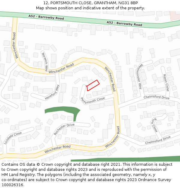 12, PORTSMOUTH CLOSE, GRANTHAM, NG31 8BP: Location map and indicative extent of plot