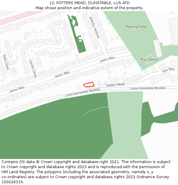 12, POTTERS MEAD, DUNSTABLE, LU5 4FD: Location map and indicative extent of plot