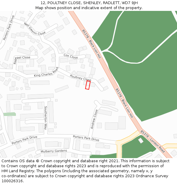 12, POULTNEY CLOSE, SHENLEY, RADLETT, WD7 9JH: Location map and indicative extent of plot