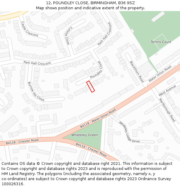 12, POUNDLEY CLOSE, BIRMINGHAM, B36 9SZ: Location map and indicative extent of plot