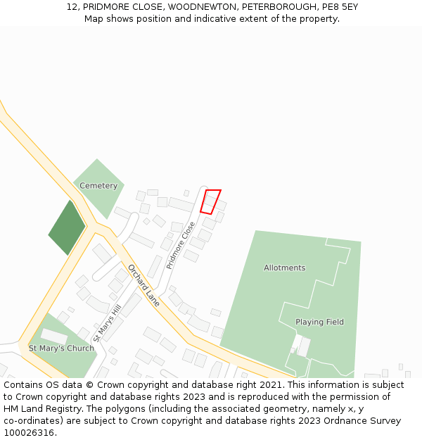 12, PRIDMORE CLOSE, WOODNEWTON, PETERBOROUGH, PE8 5EY: Location map and indicative extent of plot
