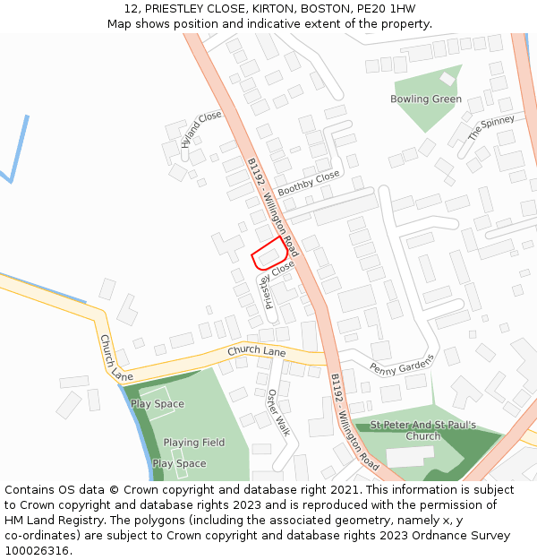 12, PRIESTLEY CLOSE, KIRTON, BOSTON, PE20 1HW: Location map and indicative extent of plot