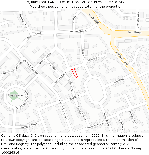 12, PRIMROSE LANE, BROUGHTON, MILTON KEYNES, MK10 7AX: Location map and indicative extent of plot