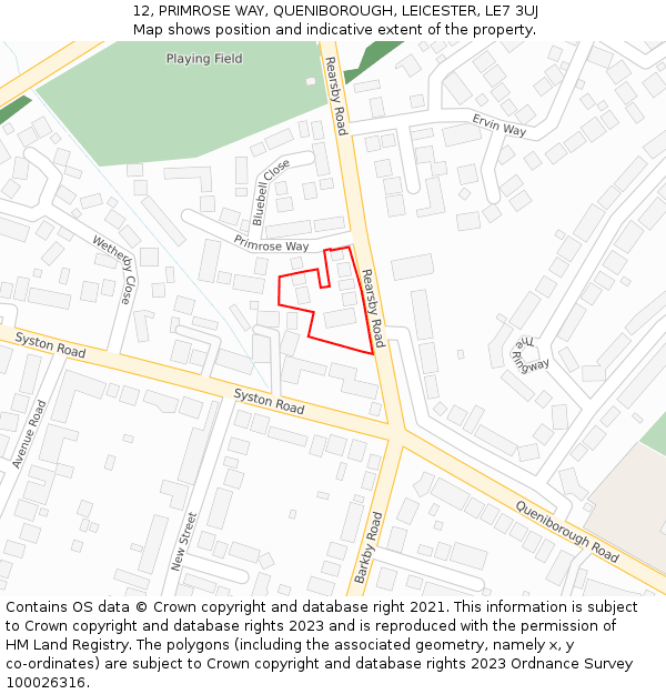 12, PRIMROSE WAY, QUENIBOROUGH, LEICESTER, LE7 3UJ: Location map and indicative extent of plot