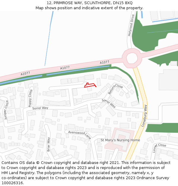 12, PRIMROSE WAY, SCUNTHORPE, DN15 8XQ: Location map and indicative extent of plot