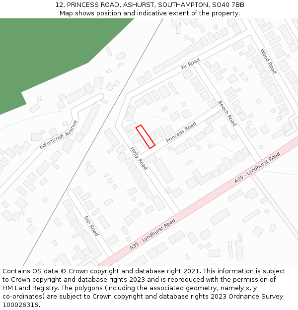 12, PRINCESS ROAD, ASHURST, SOUTHAMPTON, SO40 7BB: Location map and indicative extent of plot