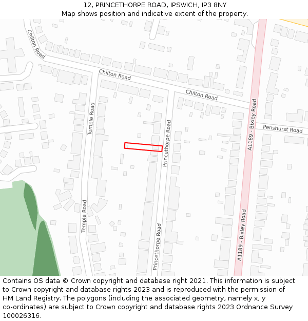 12, PRINCETHORPE ROAD, IPSWICH, IP3 8NY: Location map and indicative extent of plot